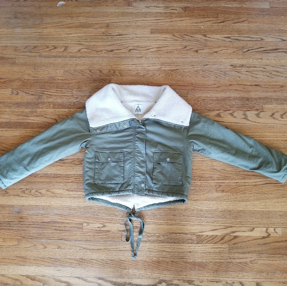 UNIF Olive Green Puffer Jacket with Cream Accents